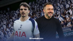 Joao Palhinha in a Tottenham kit alongside Spurs manager Roberto De Zerbi at the Tottenham Hotspur Stadium.
