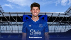 John Stones in an Everton kit at Hill Dickinson Stadium