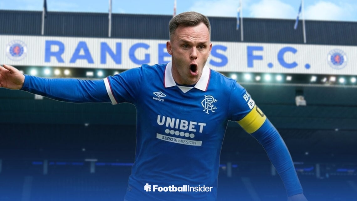 Lawrence Shankland celebrating in a Rangers kit at Ibrox Stadium