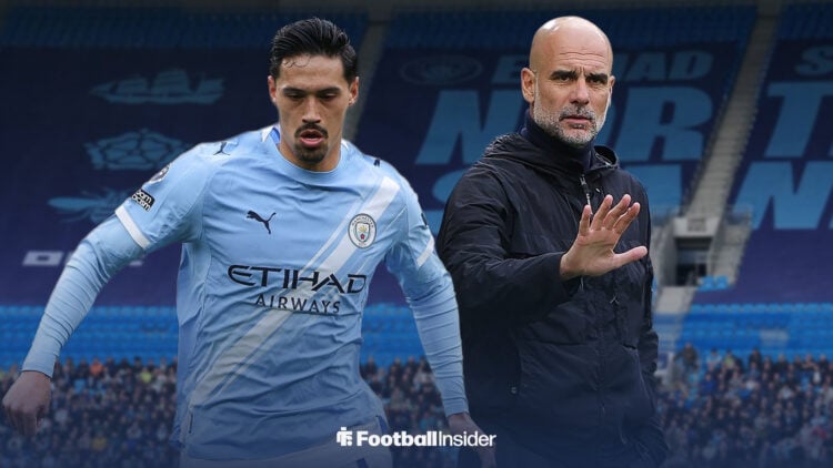 Man City midfielder Tijjani Reijnders alongside Man City manager Pep Guardiola.
