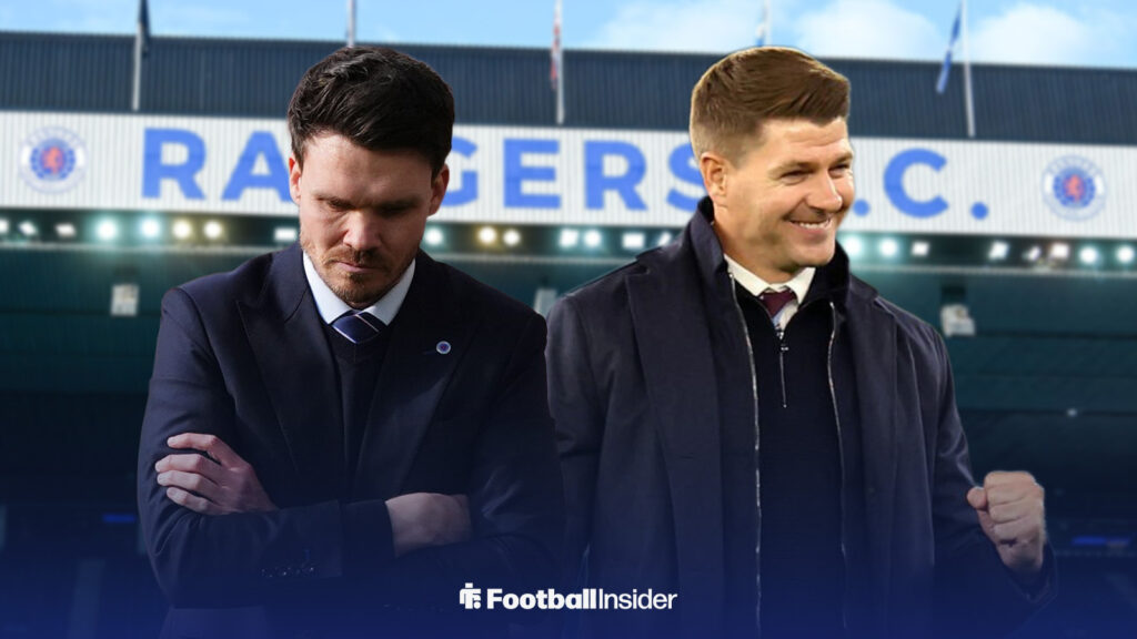 Danny Rohl looks downbeat with Steven Gerrard cheering alongside him. In the back ground is Rangers' stadium, Ibrox.