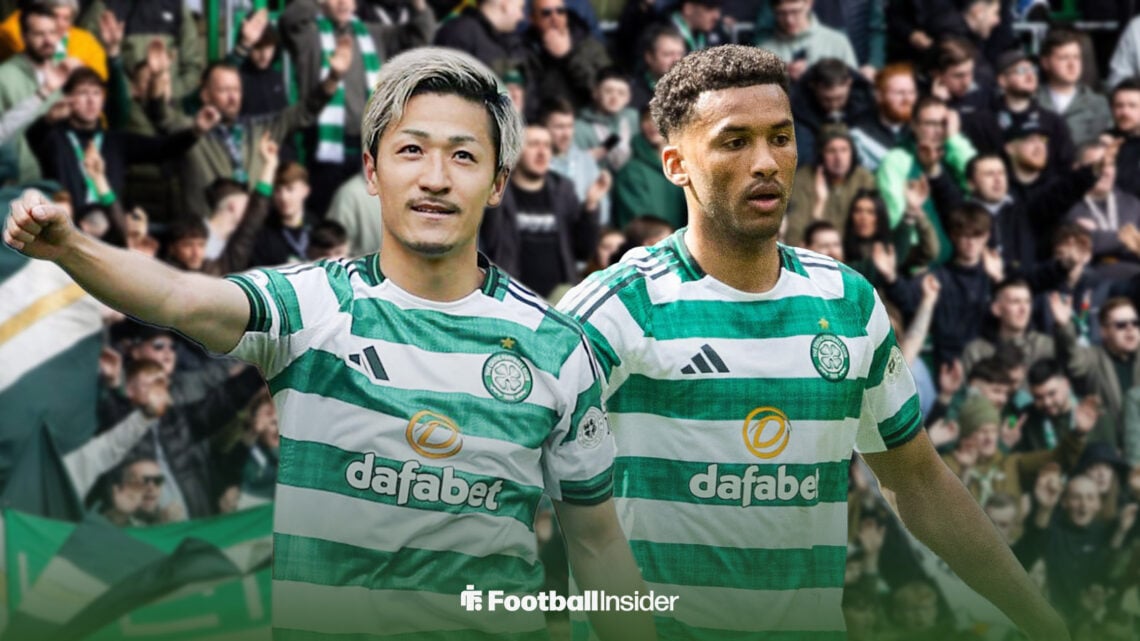 Celtic forward Daizen Maeda and Auston Trusty against a backdrop of Celtic Park.
