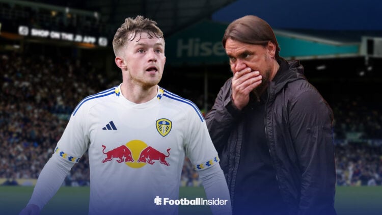 Joe Gelhardt in a Leeds United kit, standing next to Daniel Farke at Elland Road