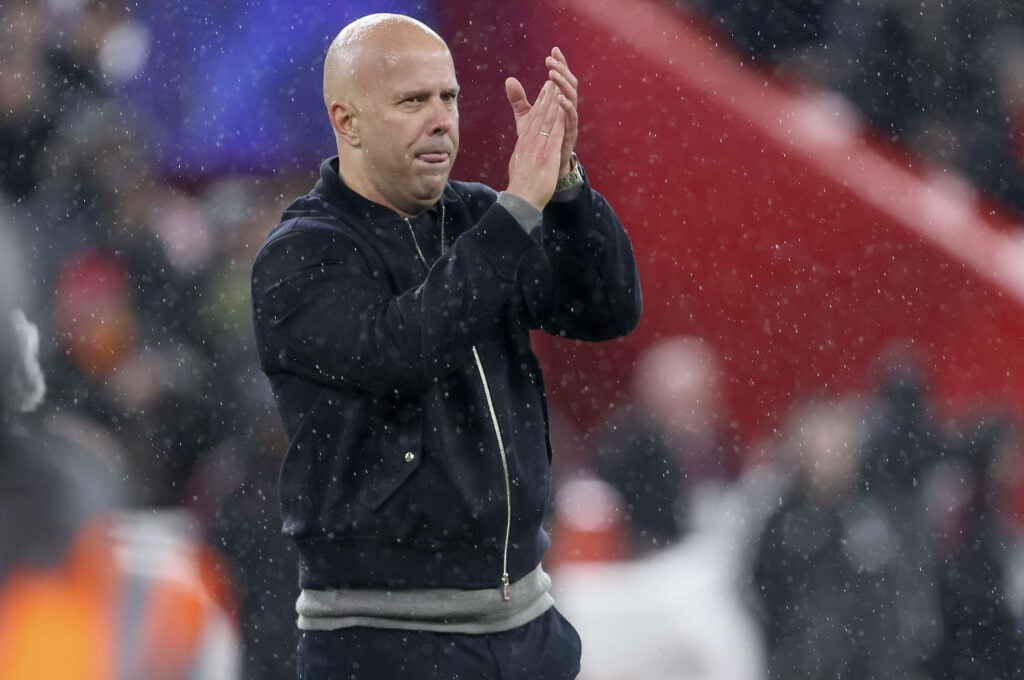 Arne Slot, Manager of Liverpool applauds the fans after the UEFA Champions League 2025 26 Quarter-Final Second Leg match between Liverpool FC and Paris Saint-Germain FC at Anfield