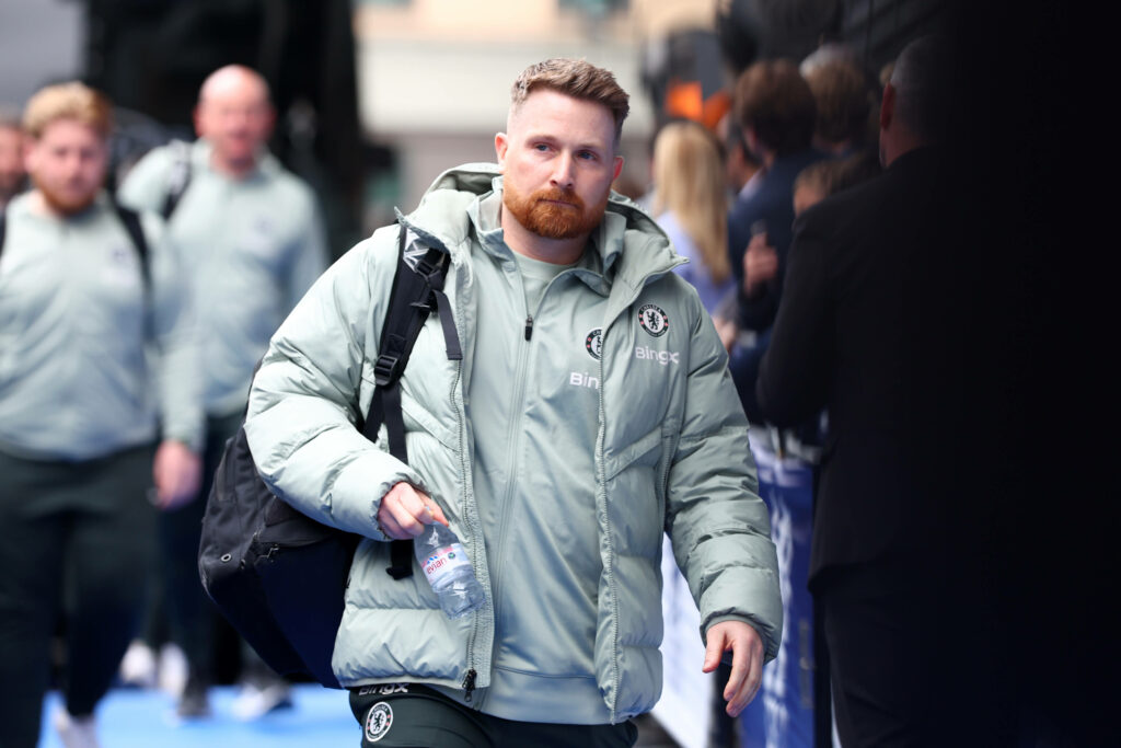 Calum McFarlane, interim head coach of Chelsea arrives before the Chelsea vs Nottingham Forest Premier League match at Stamford Bridge.