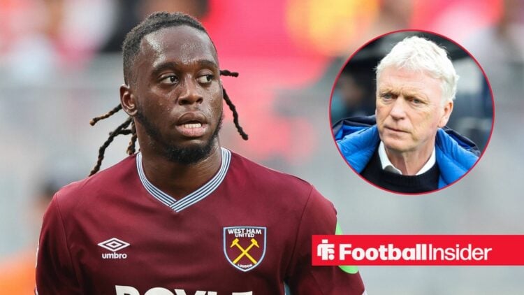 Aaron Wan-Bissaka in action for West Ham, with David Moyes in a circular inset