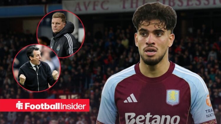 Real Betis star Abde Ezzalzouli in an Aston Villa kit at Villa Park / Aston Villa Head Coach Unai Emery runs onto pitch and celebrates during the P...