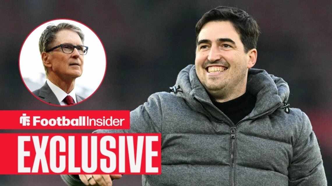 Football Insider exclusive as Andoni Iraola smiles towards Liverpool owner John Henry, who watches from a circular inset.