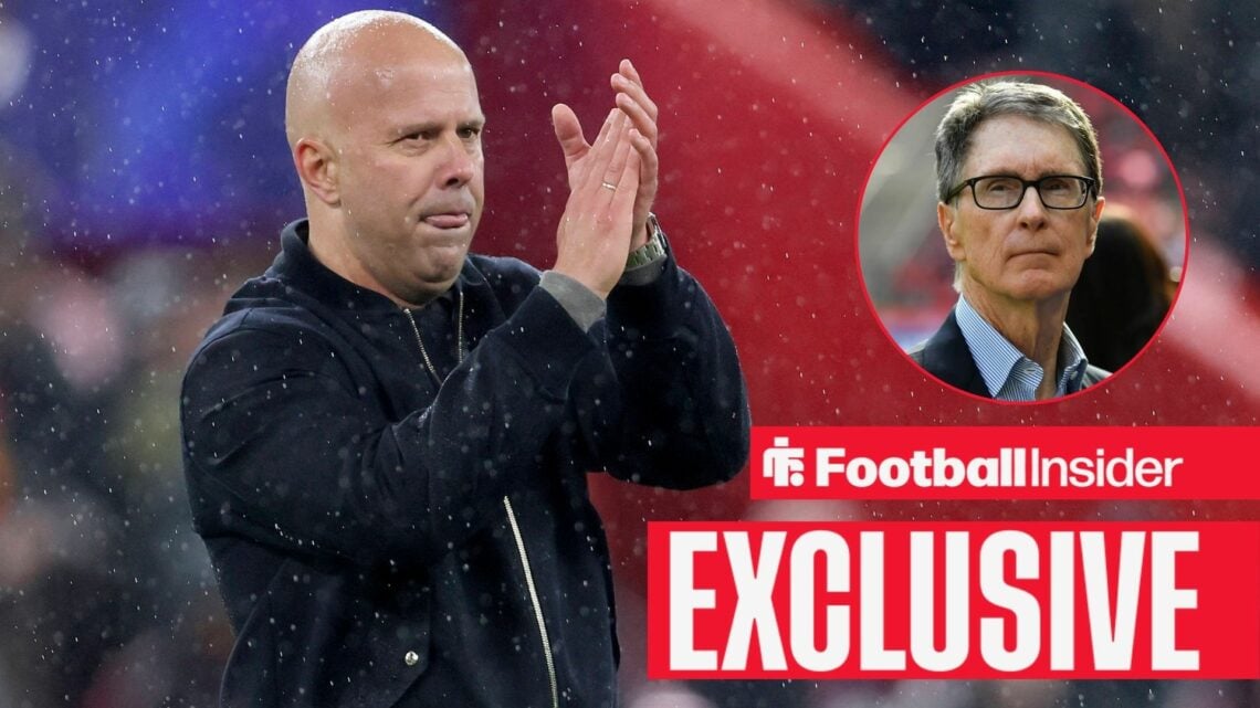 Football Insider exclusive as Arne Slot applauds in the rain, while Liverpool owner John Henry looks stern in a circular inset.