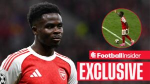 Bukayo Saka FC Arsenal schaut waehrend des Spiels der UEFA Champions League 2025/26, Achtelfinale, Hinspiel zwischen Bayer 04 Leverkusen und FC Arsenal, BayArena am 11. March 2026 / Arsenal star Bukayo Saka shouting at referee in Champions League final vs PSG