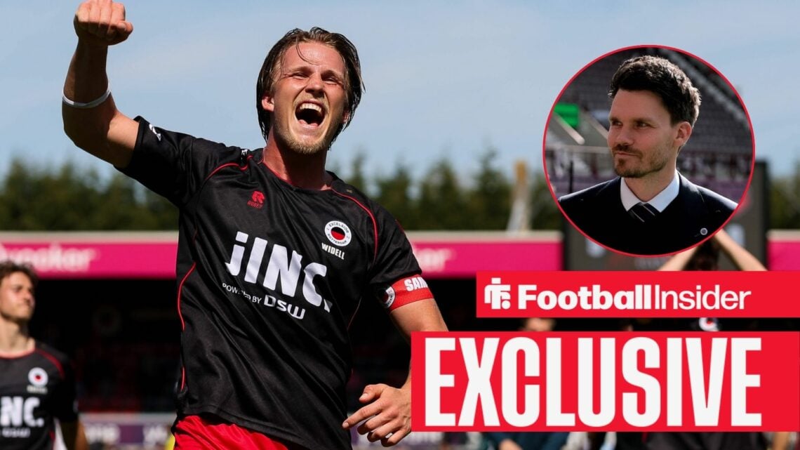 Football Insider exclusive as Excelsior defender Casper Widell punches the air, while Rangers manager Danny Rohl smiles in a circular inset.