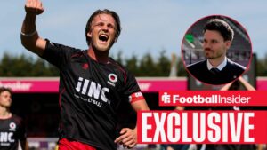 Football Insider exclusive as Excelsior defender Casper Widell punches the air, while Rangers manager Danny Rohl smiles in a circular inset.