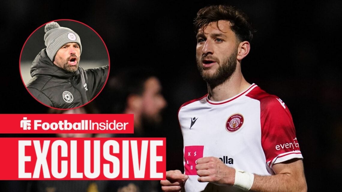 Football Insider exclusive as Stevenage defender Charlie Goode is in action during a game, while MK Dons manager Paul Warne watches from a circular...