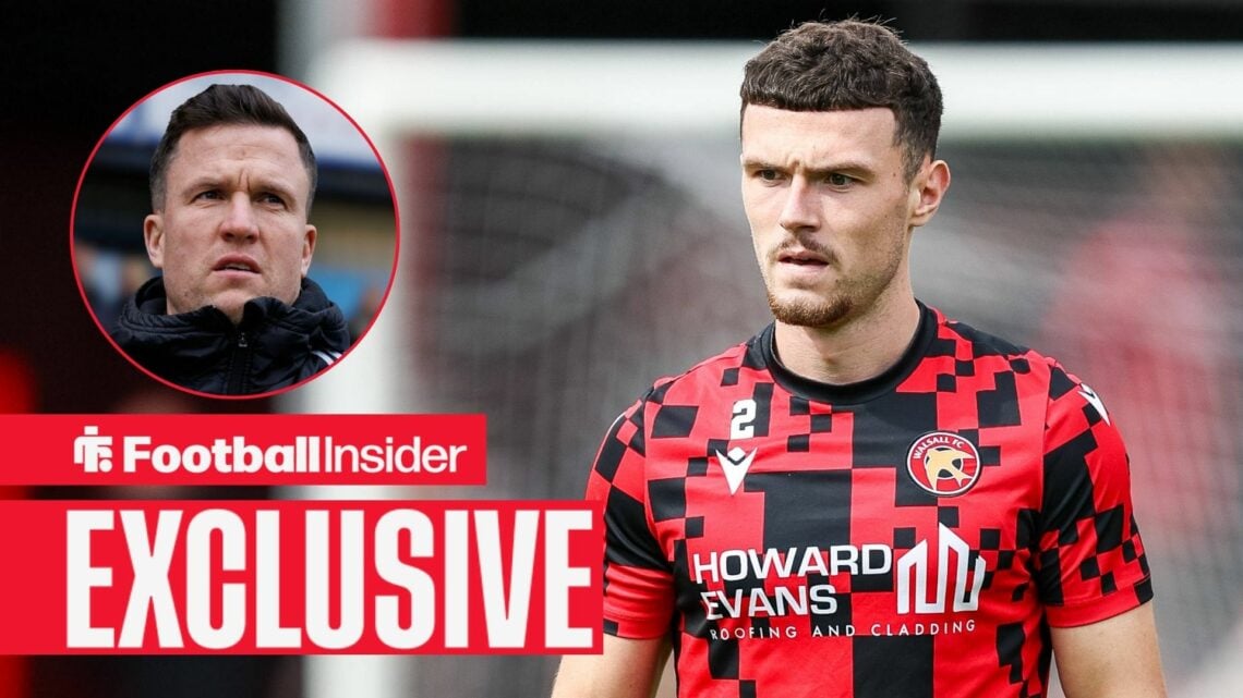 Football Insider exclusive as Walsall defender Connor Barrett warms up for a game, while Wigan manager Gary Caldwell watches from a circular inset.