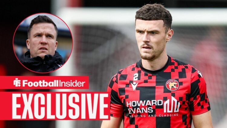 Football Insider exclusive as Walsall defender Connor Barrett warms up for a game, while Wigan manager Gary Caldwell watches from a circular inset.