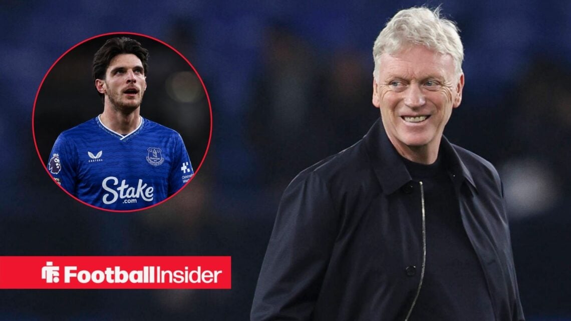 Everton manager David Moyes at the Hill Dickinson Stadium / Declan Rice edited into the 2025-26 Everton home kit
