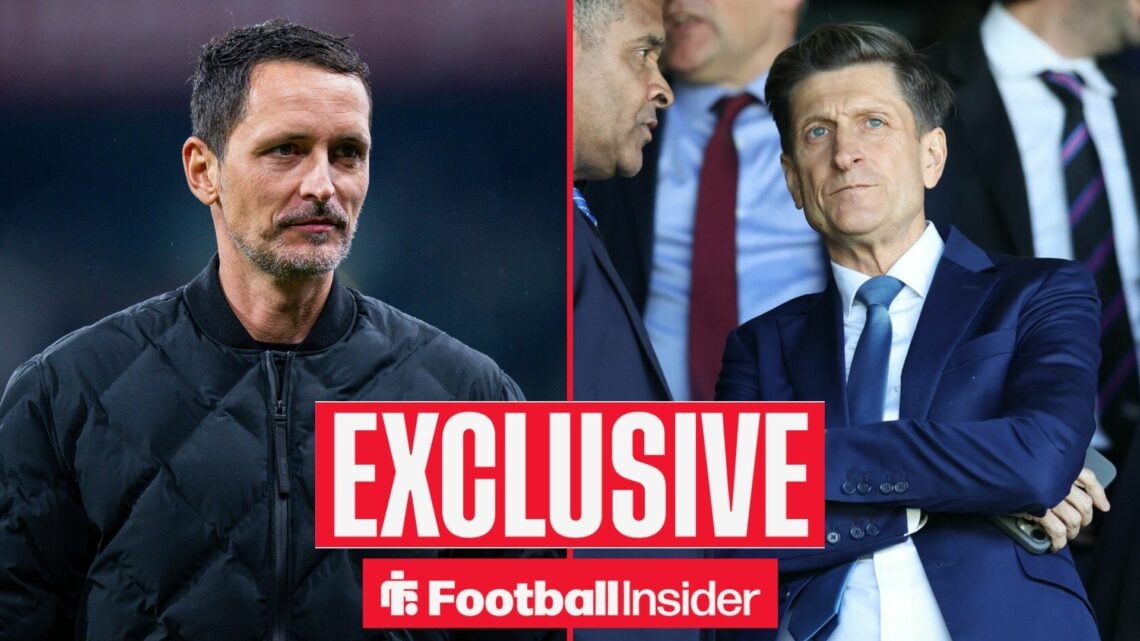 Football Insider exclusive as Dino Toppmoller stares across a split image towards Crystal Palace owner Steve Parish, who watches from the stands.