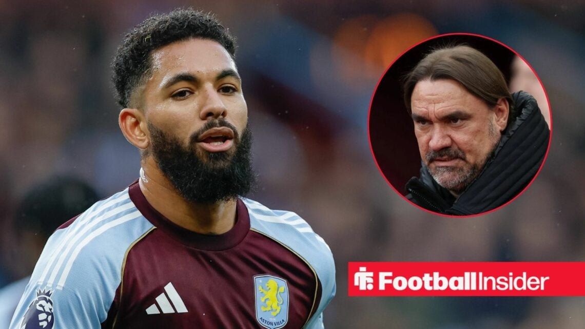 Douglas Luiz in action for Aston Villa, with Daniel Farke in a circular inset