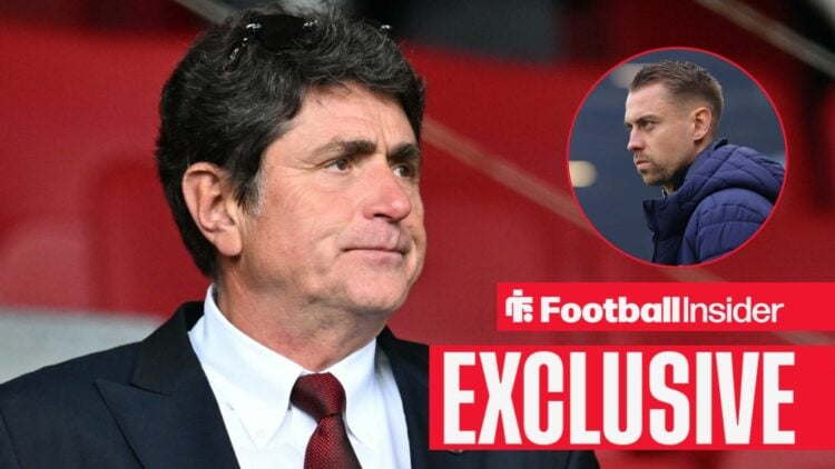 Football Insider exclusive as Southampton owner Dragan Solak stares towards manager Tonda Eckert, who watches from a circular inset.
