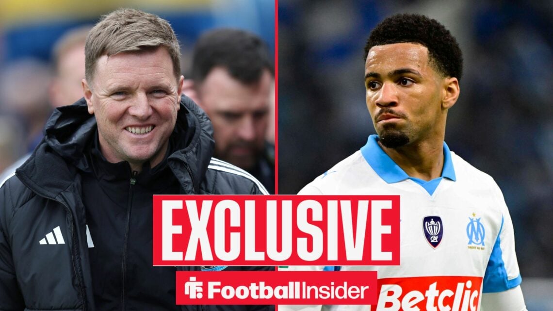 Football Insider exclusive as Newcastle manager Eddie Howe smiles across a split image towards Ethan Nwaneri, who is in action during a game for Ma...