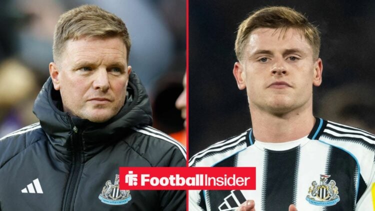 Eddie Howe on the sidelines at Newcastle, with Harvey Barnes in action