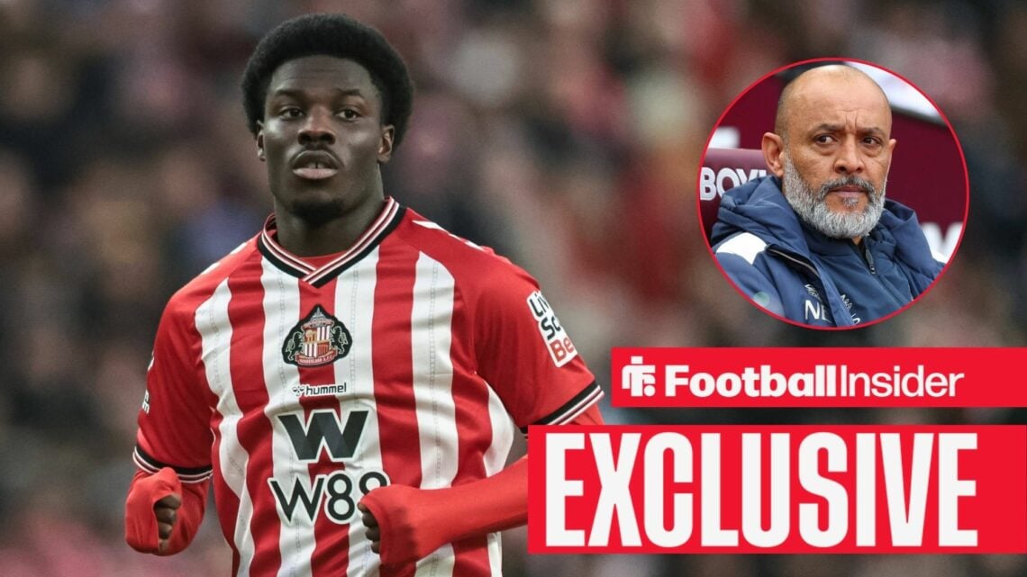Football Insider exclusive as Eliezer Mayenda is in action during a game for Sunderland, while West Ham manager Nuno Espirito Santo watches from a ...