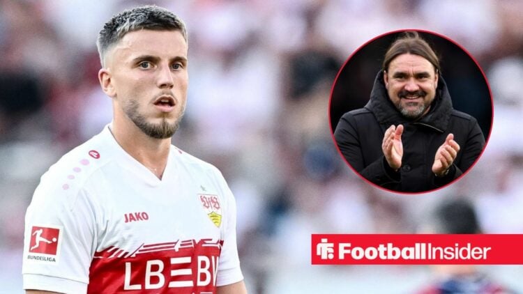 VfB Stuttgart striker Ermedin Demirovic / Daniel Farke, Manager of Leeds United, celebrates victory following the Sky Bet Championship match betwee...