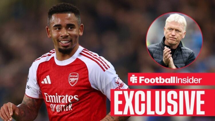 Football Insider exclusive as Arsenal striker Gabriel Jesus is in action during a game, while Everton manager David Moyes applauds in a circular in...