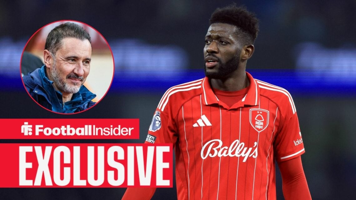 Football Insider exclusive as Nottingham Forest midfielder Ibrahim Sangare is in action during a game, while manager Vitor Pereira smiles in a circ...