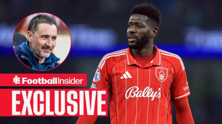 Football Insider exclusive as Nottingham Forest midfielder Ibrahim Sangare is in action during a game, while manager Vitor Pereira smiles in a circ...