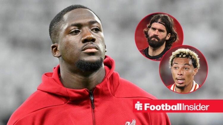Liverpool defender Ibrahima Konate alongside circular insets of Alisson and Hugo Ekitike