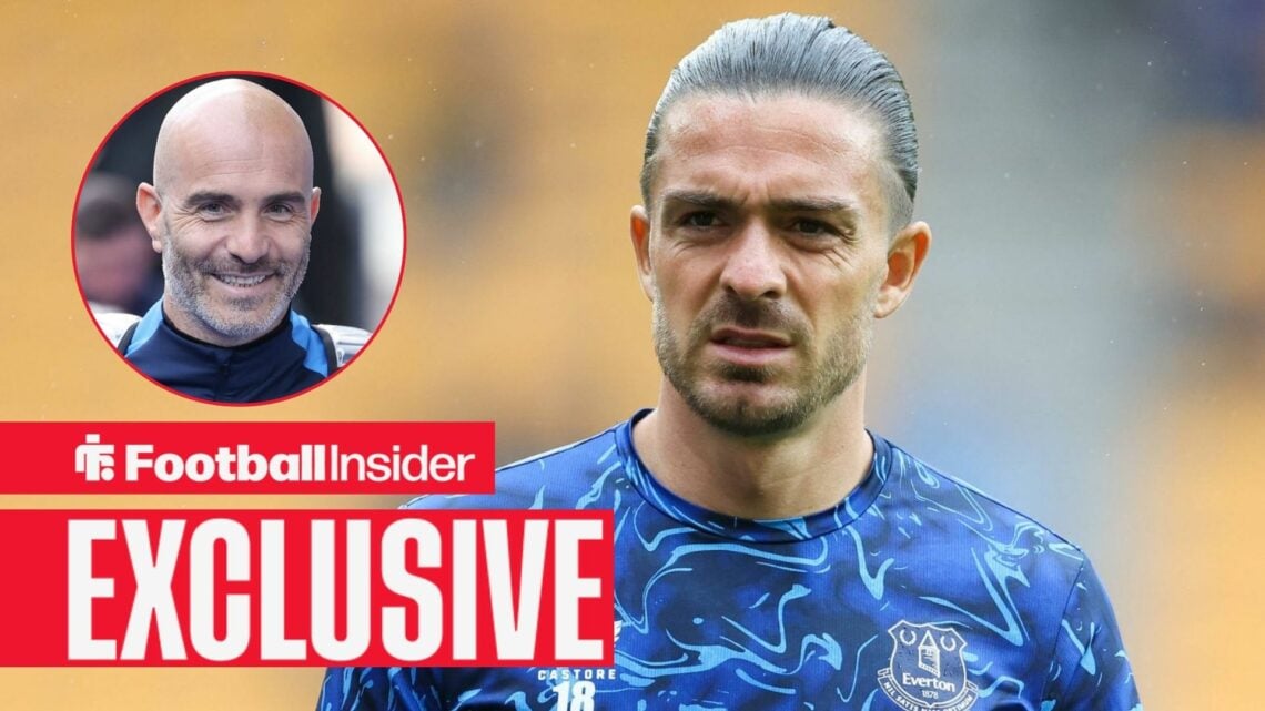 Football Insider exclusive as Jack Grealish warms up for Everton, while incoming Man City manager Enzo Maresca smiles in a circular inset.