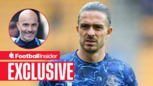Football Insider exclusive as Jack Grealish warms up for Everton, while incoming Man City manager Enzo Maresca smiles in a circular inset.