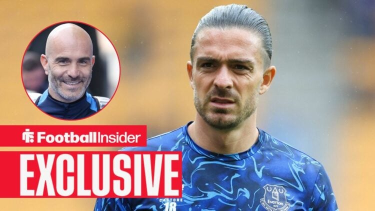 Football Insider exclusive as Jack Grealish warms up for Everton, while incoming Man City manager Enzo Maresca smiles in a circular inset.