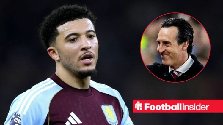 Jadon Sancho in action for Aston Villa, with Unai Emery in a circular inset