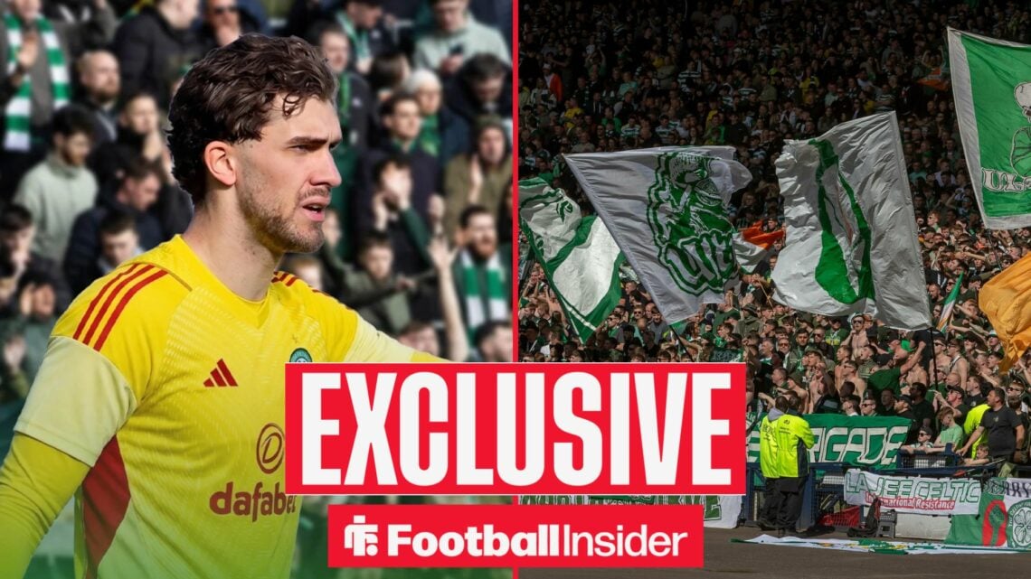 Football Insider exclusive as goalkeeper Jari De Busser is in action wearing a Celtic shirt, while Bhoys fans wave flags on the other side of a spl...