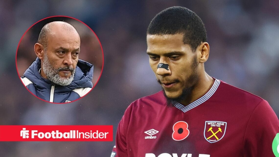 Jean-Clair Todibo in action for West Ham, with Nuno Espirito Santo in a circular inset
