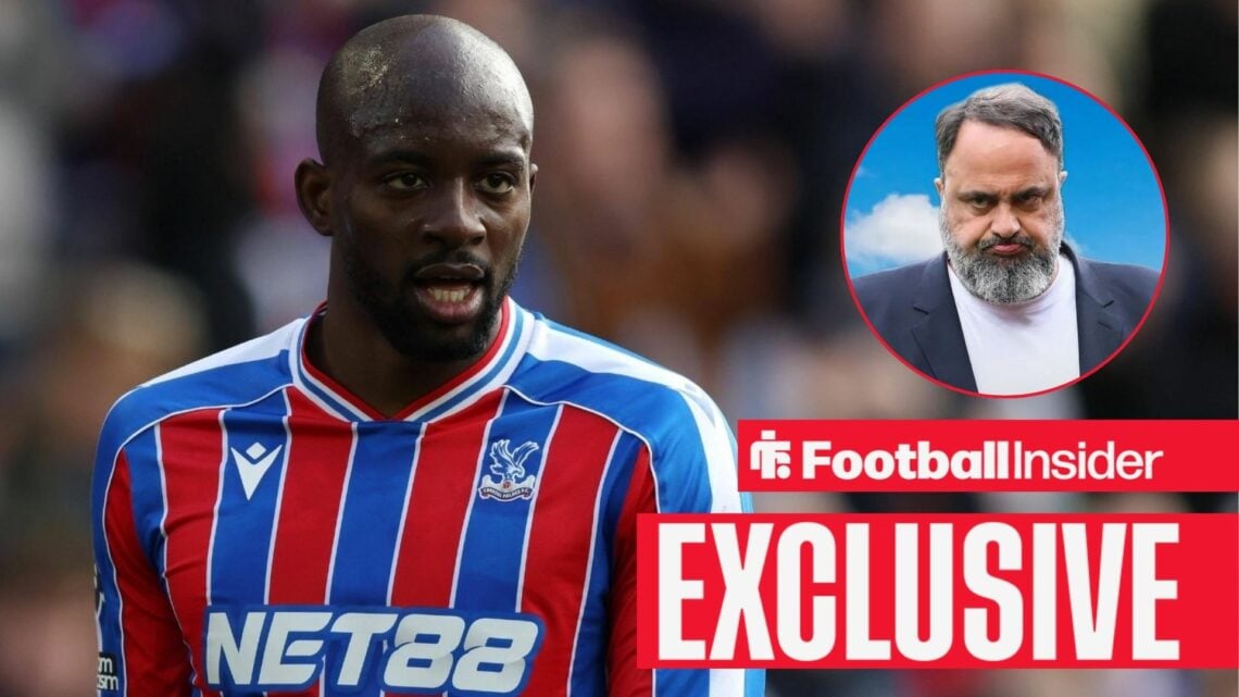Football Insider exclusive as Crystal Palace striker Jean-Philippe Mateta stares towards Nottingham Forest owner Evangelos Marinakis, who watches f...