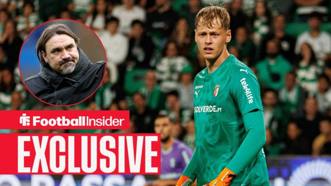 Football Insider exclusive as Braga goalkeeper Lukas Hornicek is in action during a game, while Leeds manager Daniel Farke watches from a circular ...