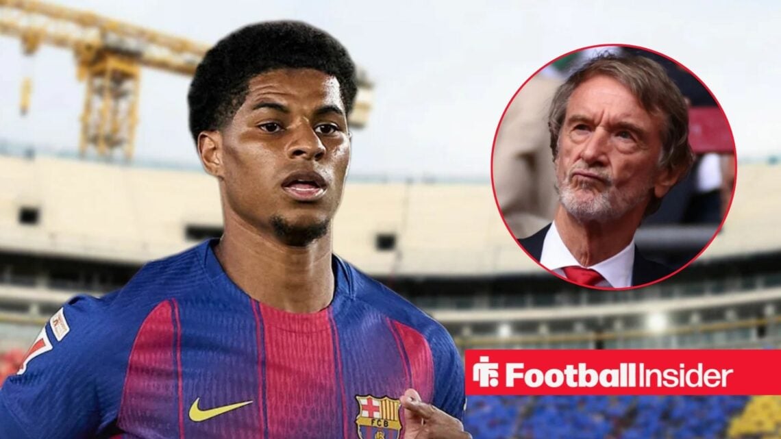 Marcus Rashford in action for Barcelona, with Sir Jim Ratcliffe in a circular inset