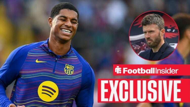 Football Insider exclusive as Marcus Rashford smiles while warming up for Barcelona, while Manchester United manager Michael Carrick watches from a...