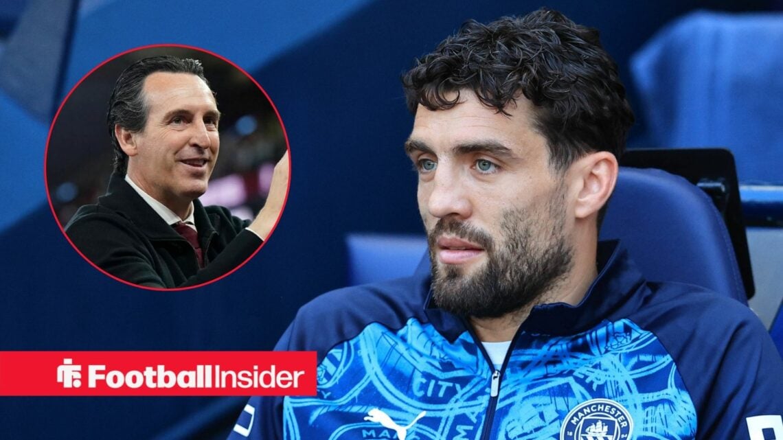Manchester City midfielder Mateo Kovacic sits on the bench as he stares towards Aston Villa manager Unai Emery, who smiles in a circular inset.