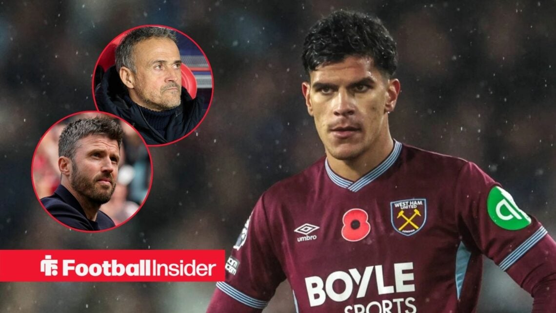 West Ham midfielder Mateus Fernandes stares towards a pair of circular insets, which feature PSG manager Luis Enrique and Manchester United boss Mi...