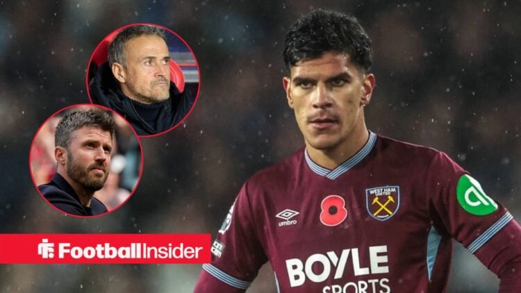 West Ham midfielder Mateus Fernandes stares towards a pair of circular insets, which feature PSG manager Luis Enrique and Manchester United boss Mi...