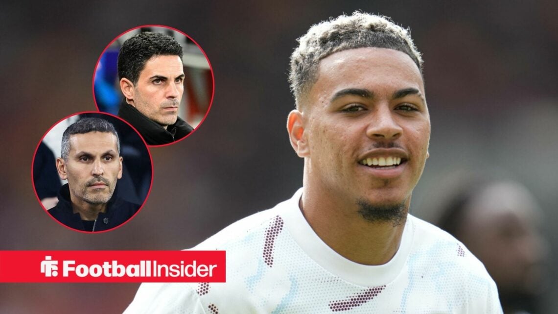 Morgan Rogers in a warm-up for Aston Villa, with Mikel Arteta and Khaldoon Al-Mubarak in circular insets