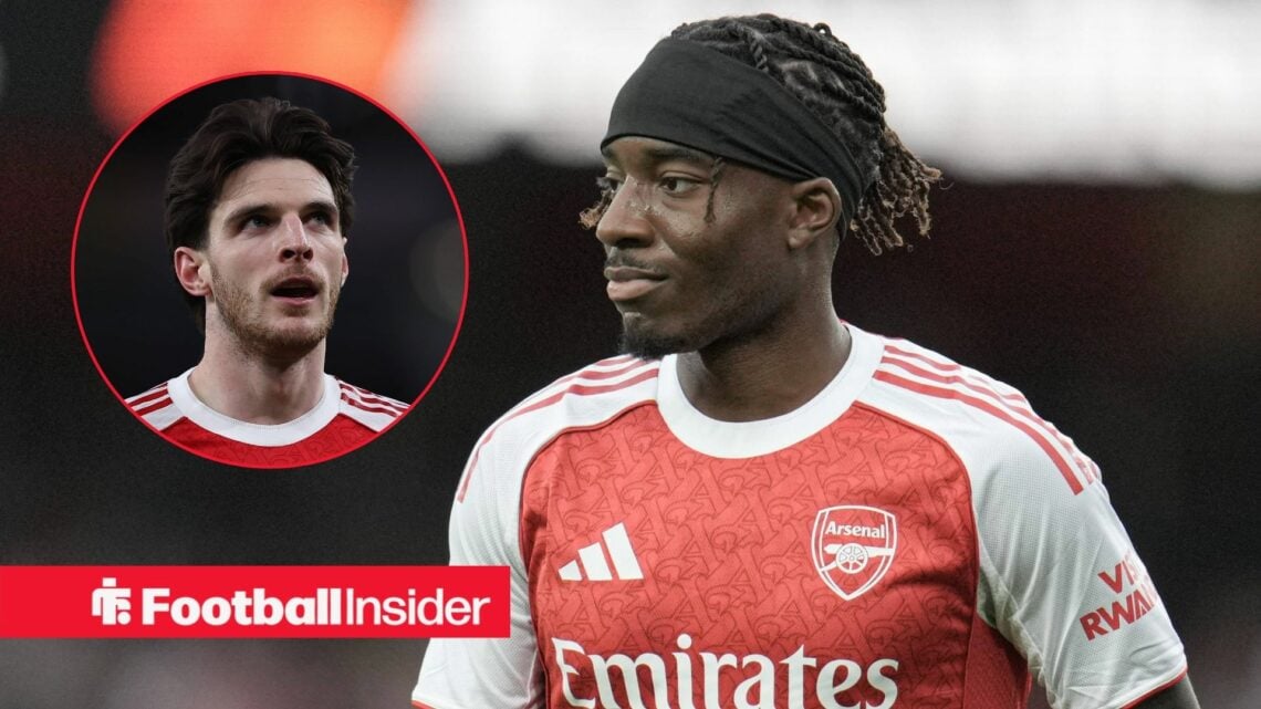 Arsenal forward Noni Madueke, alongside a circular inset of midfielder Declan Rice