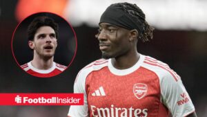 Arsenal forward Noni Madueke, alongside a circular inset of midfielder Declan Rice
