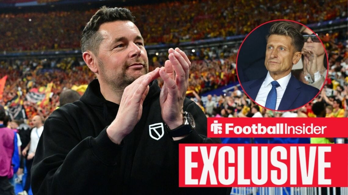 Football Insider exclusive as Lens manager Pierre Sage applauds, while Crystal Palace chairman Steve Parish watches from a circular inset.