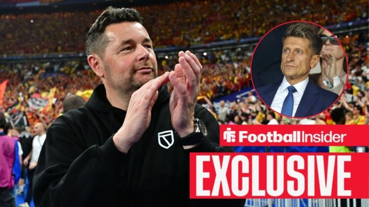 Football Insider exclusive as Lens manager Pierre Sage applauds, while Crystal Palace chairman Steve Parish watches from a circular inset.
