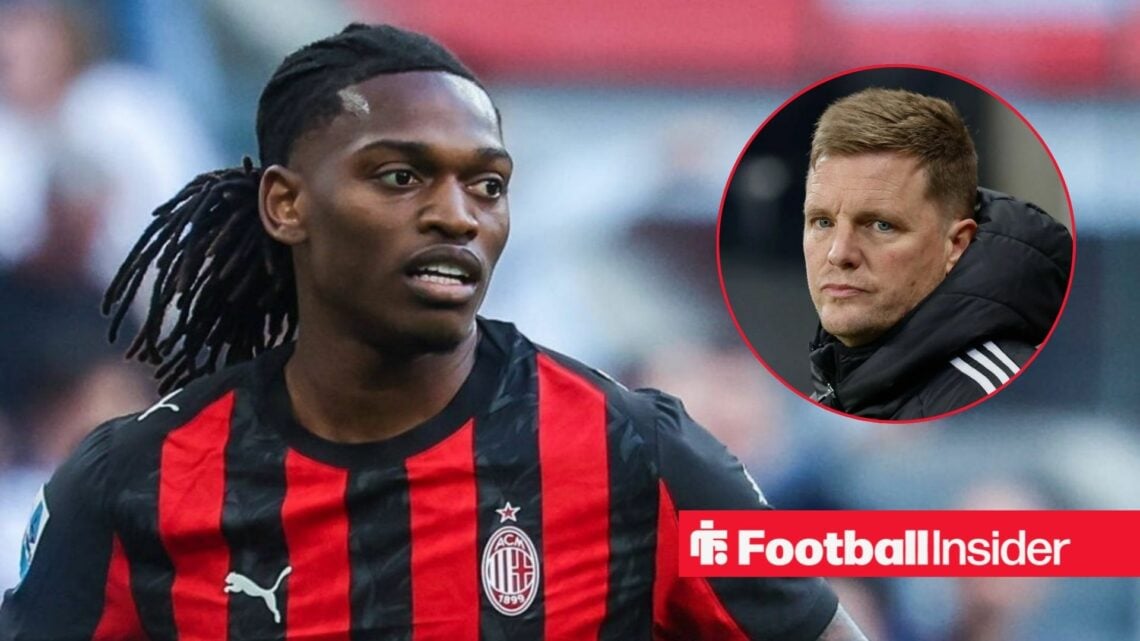 Rafael Leao in action for AC Milan, with Eddie Howe in a circular inset